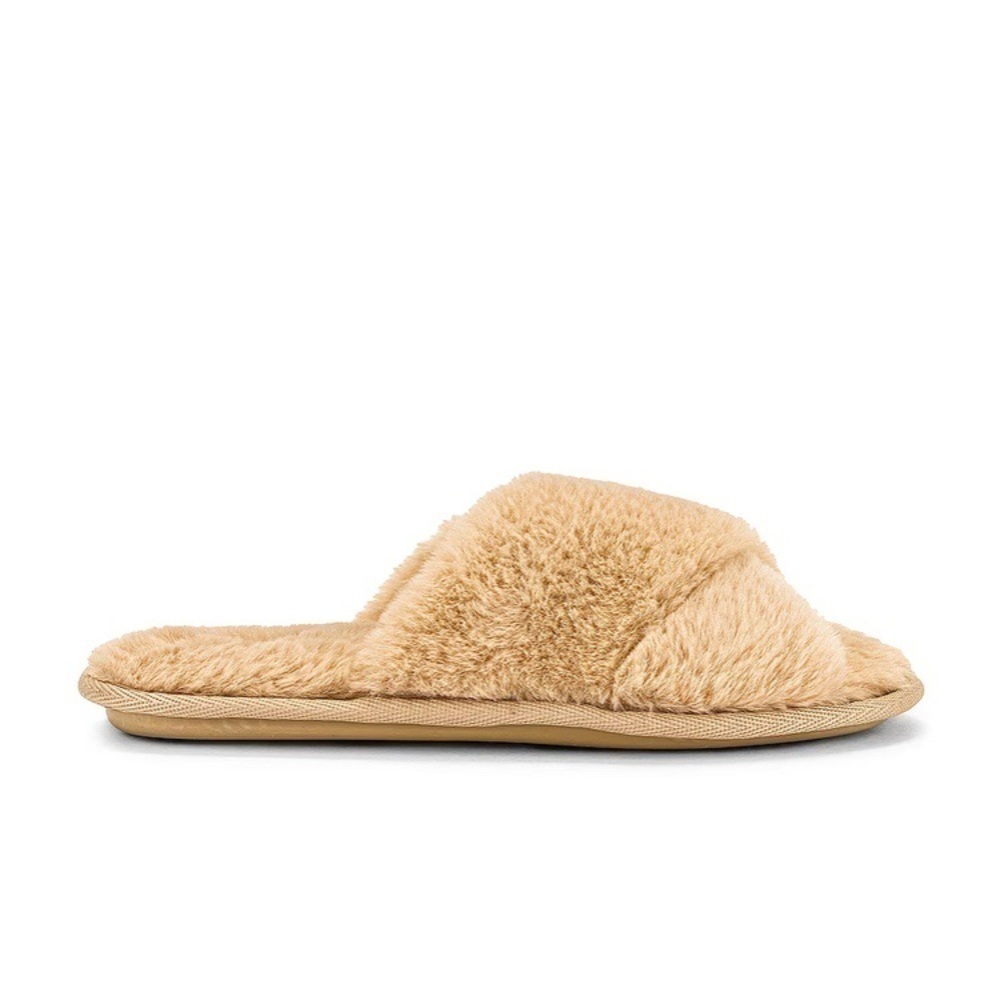 Flora Nikrooz Victoria Teddy Criss Cross Slipper in Tan Size S 5/6